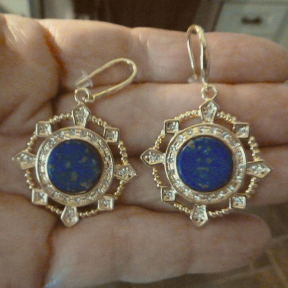 NEW blue Lapis rhinestone medallion dangle earrings - Picture 5 of 5